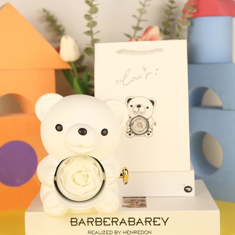 Eternal Rose Teddy Bear Gift Box with Necklace – Rotating Rose Jewelry Storage Case