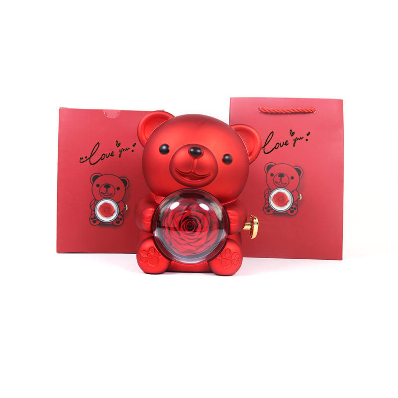Eternal Rose Teddy Bear Gift Box with Necklace – Rotating Rose Jewelry Storage Case