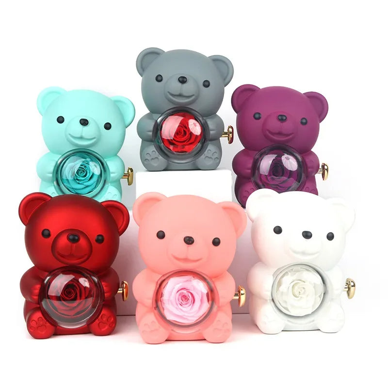 Eternal Rose Teddy Bear Gift Box with Necklace – Rotating Rose Jewelry Storage Case