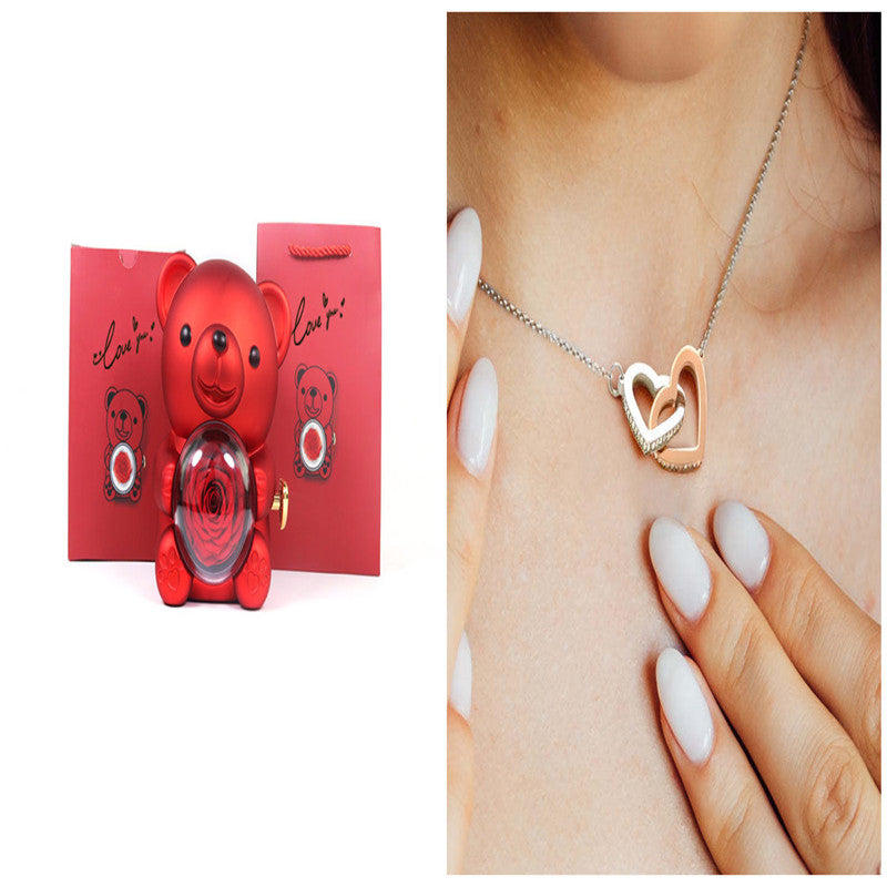 Eternal Rose Teddy Bear Gift Box with Necklace – Rotating Rose Jewelry Storage Case