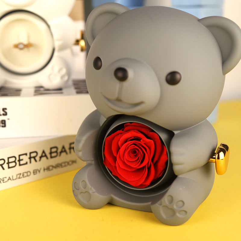 Eternal Rose Teddy Bear Gift Box with Necklace – Rotating Rose Jewelry Storage Case